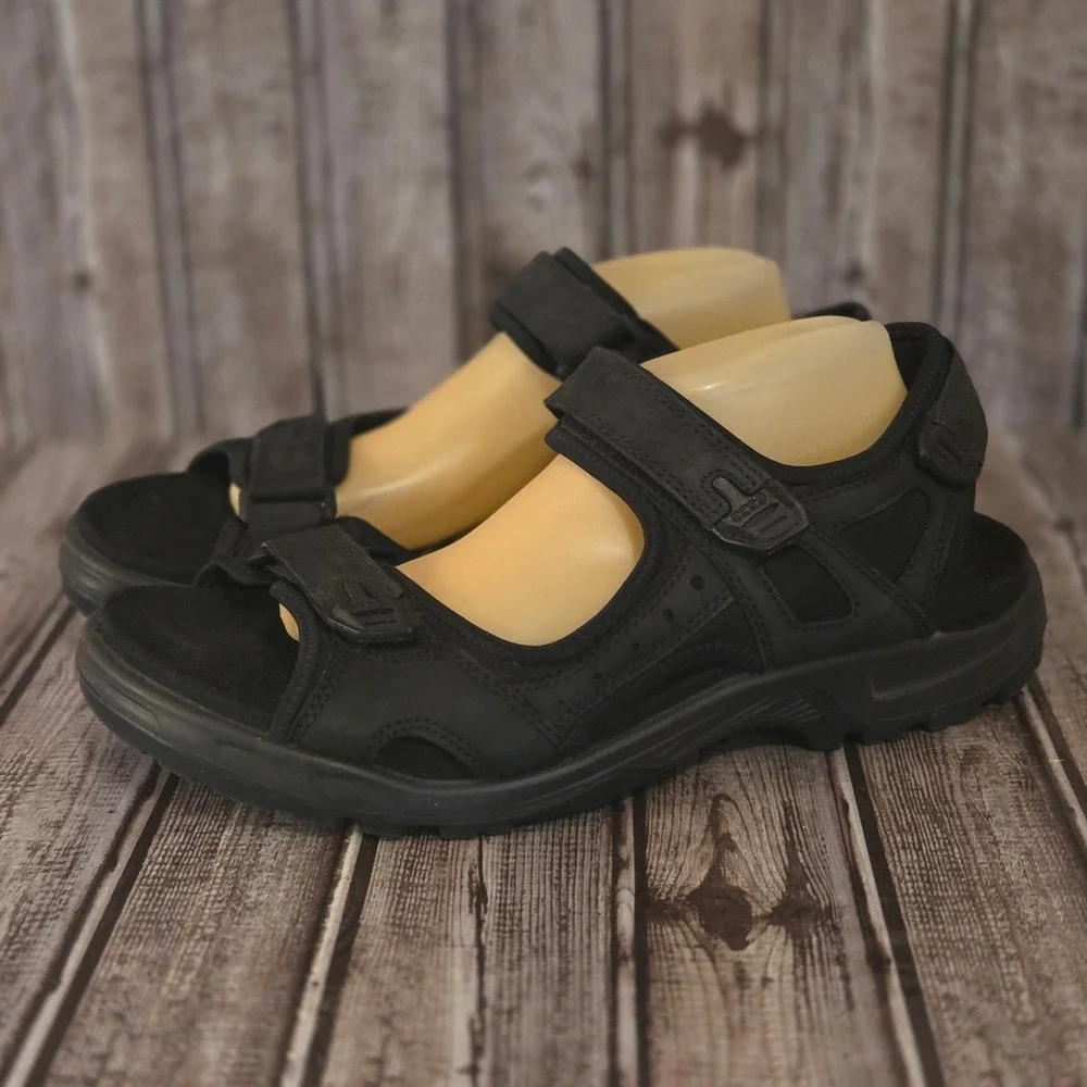 Sz 47/ 13-13.5 Mens ECCO Yucatan Black Leather Sport Hiking Sandals VGUC! - Picture 1 of 7